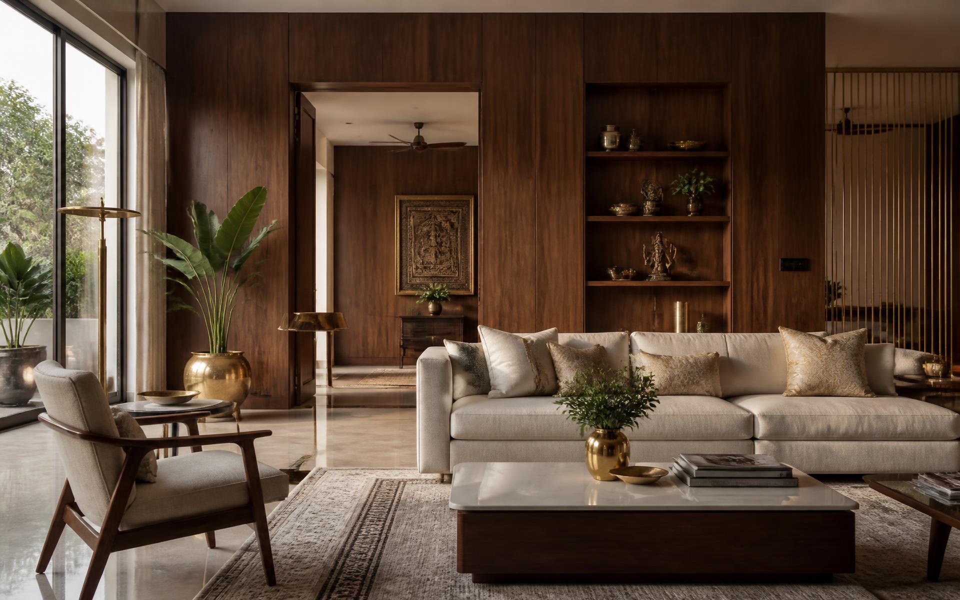 Modern living room with warm walnut plywood panelling designed by SALCORE