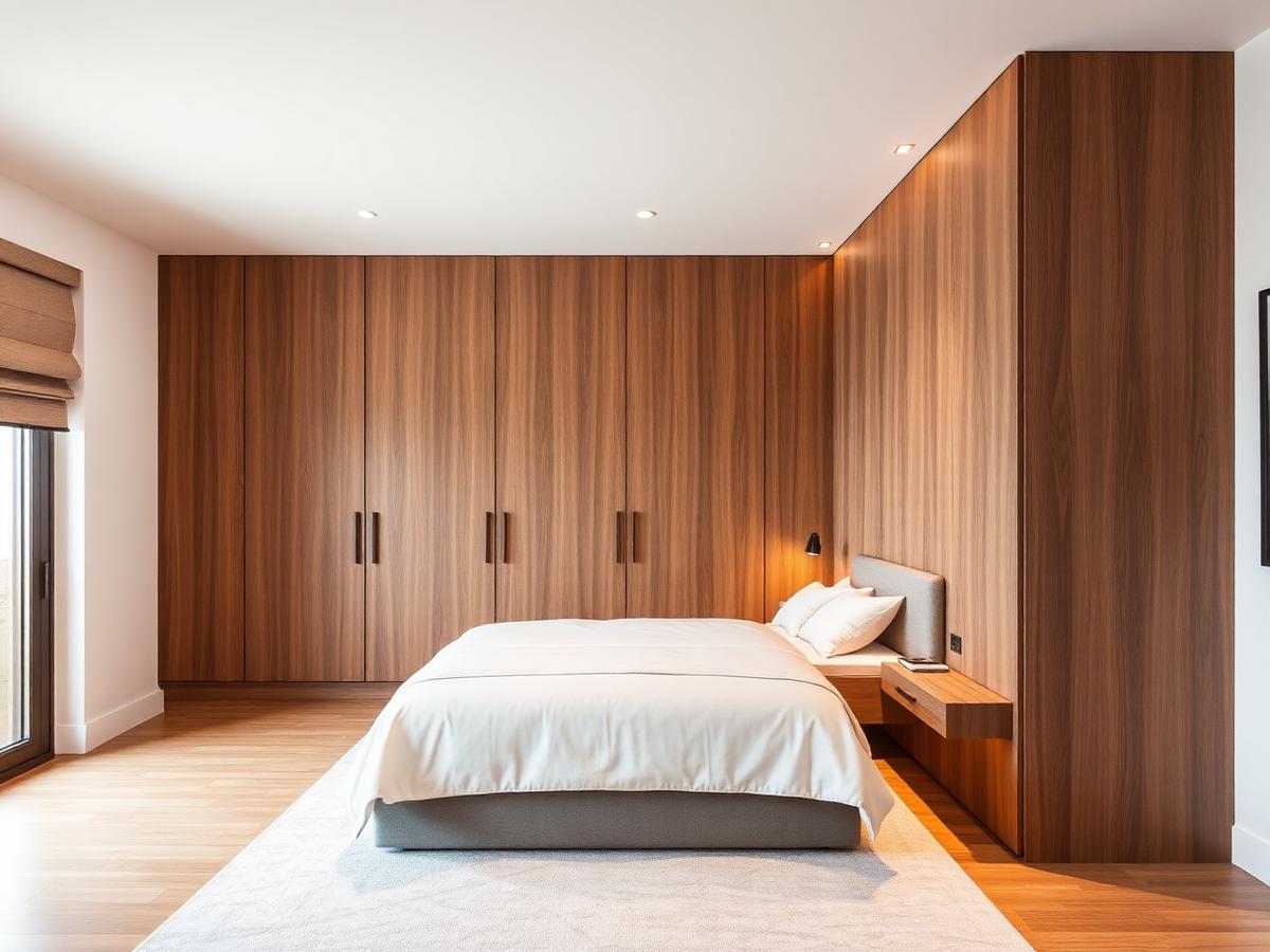 Full-wall wardrobe in walnut veneer
